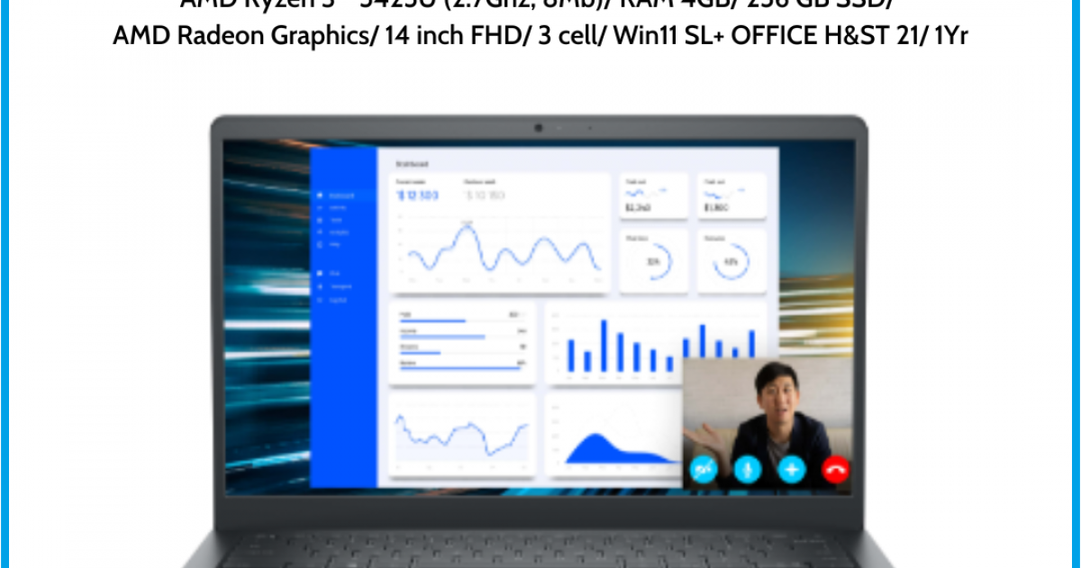 Laptop Dell Vostro 3425 (V4R35425U100W1)/ Black/ AMD Ryzen 3 - 5425U (2.7Ghz, 8Mb)/ RAM 4GB/ 256 GB SSD/ AMD Radeon Graphics/ 14