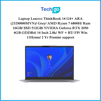 Laptop Lenovo ThinkBook 14 G4+ ARA (21D0000MVN)/ Grey/ AMD Ryzen 7 6800H/ Ram 16GB/ SSD 512GB/ NVIDIA Geforce RTX 2050 4GB GDDR6/ 14 Inch 2.8k/ WF + BT/ FP/ Win 11Home/ 2 Yr Premier support