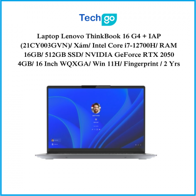 Laptop Lenovo ThinkBook 16 G4 + IAP (21CY003GVN)/ Xám/ Intel Core i7-12700H/ RAM 16GB/ 512GB SSD/ NVIDIA GeForce RTX 2050 4GB/ 16 Inch WQXGA/ Win 11H/ Fingerprint / 2 Yrs