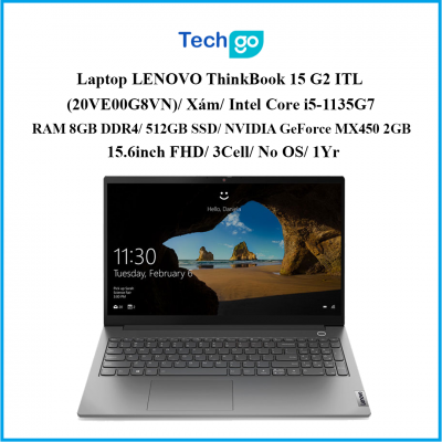 Laptop LENOVO ThinkBook 15 G2 ITL (20VE00G8VN)/ Xám/ Intel Core i5-1135G7/ RAM 8GB DDR4/ 512GB SSD/ NVIDIA GeForce MX450 2GB/ 15.6inch FHD/ 3Cell/ No OS/ 1Yr