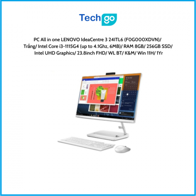 Máy tính để bàn All in one Lenovo IdeaCentre 3 24ITL6 (F0G000XDVN) Trắng Intel Core i3-1115G4 (up to 4.1Ghz, 6MB) RAM 8GB 256GB 