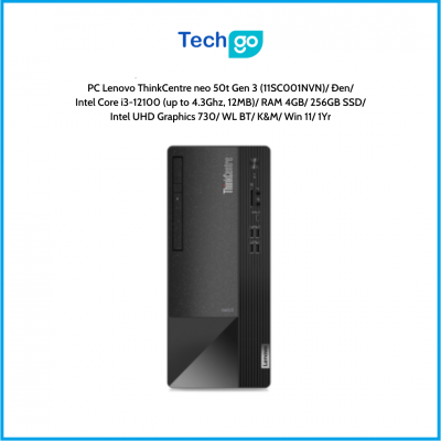 Máy tính để bàn Lenovo ThinkCentre neo 50t Gen 3 (11SC001NVN) Đen Intel Core i3-12100 (up to 4.3Ghz, 12MB) RAM 4GB 256GB SSD Int