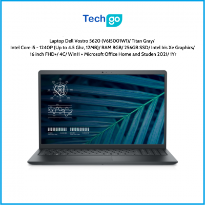 Laptop Dell Vostro 5620 (V6I5001W1) Titan Gray Intel Core i5 - 1240P (Up to 4.5 Ghz, 12MB) RAM 8GB 256GB SSD Intel Iris Xe Graph