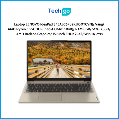 Laptop LENOVO IdeaPad 3 15ALC6 (82KU00TCVN) Vàng AMD Ryzen 5 5500U (up to 4.0Ghz, 11MB) RAM 8GB 512GB SSD AMD Radeon Graphics 15