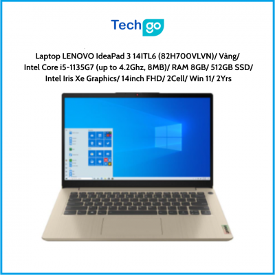 Laptop LENOVO IdeaPad 3 14ITL6 (82H700VLVN)/ Vàng/ Intel Core i5-1135G7 (up to 4.2Ghz, 8MB)/ RAM 8GB/ 512GB SSD/ Intel Iris Xe G